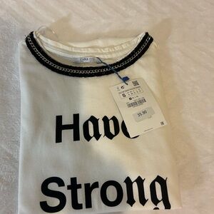 Zara White Tee with Black and Silver Chain Detail